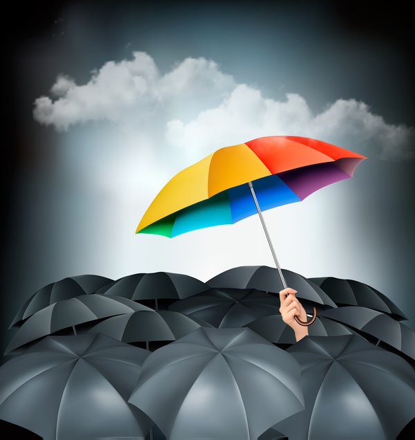 Colorful-umbrella-in-mass-of-black-umbrellas-vector