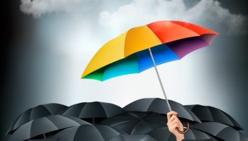 Colorful-umbrella-in-mass-of-black-umbrellas-vector
